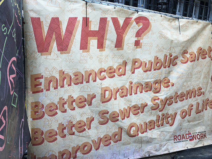 bourbon street drainage project sign 2018 - qsm photo